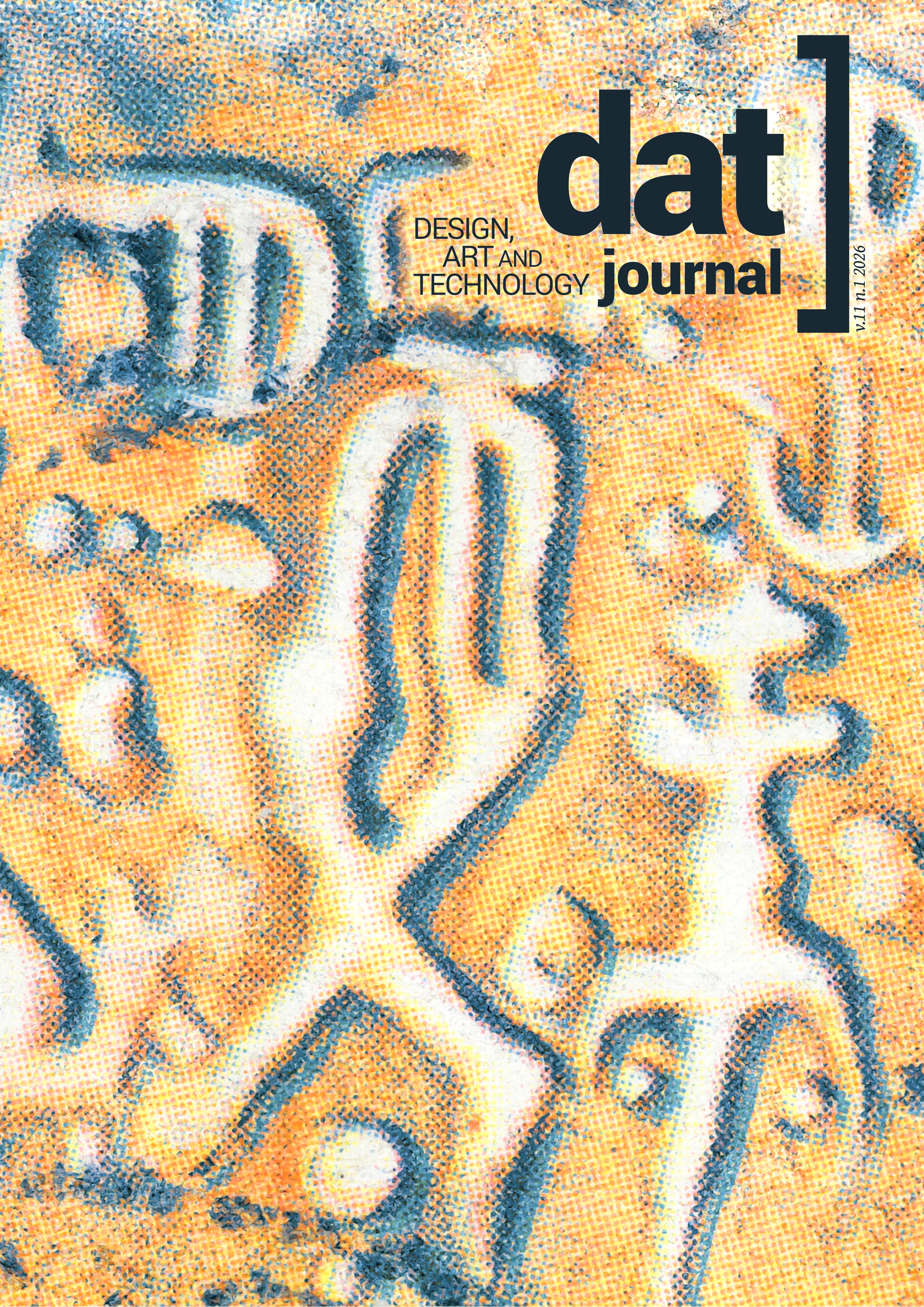 Capa da revista “DAT Journal: Design, Art and Technology”, volume 11, de 2026. A imagem apresenta uma arte abstrata colorida em tons de amarelo, azul e branco, com formas e linhas orgânicas que lembram figuras estilizadas ou símbolos gravados. No canto superior direito está escrito o título da revista em letras pretas: “dat journal”, acompanhado do subtítulo “DESIGN, ART AND TECHNOLOGY”.